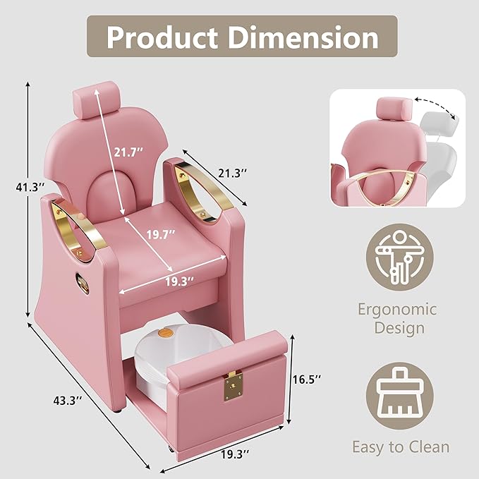 Pedicure Station for Nail Tech, Reclining Pedicure Chair with Massage Foot Bath, No Plumbing Pedicure Station Unit (Pink)