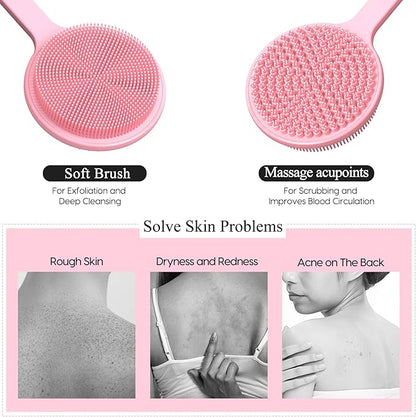 Silicone Back Scrubber for Shower, 17in Lengthen Long Handle Body Brush, Double Sided Shower Brush for Shower Exfoliating and Massage Can Produce Rich Foam, Long Handle Back Scrubber for Men