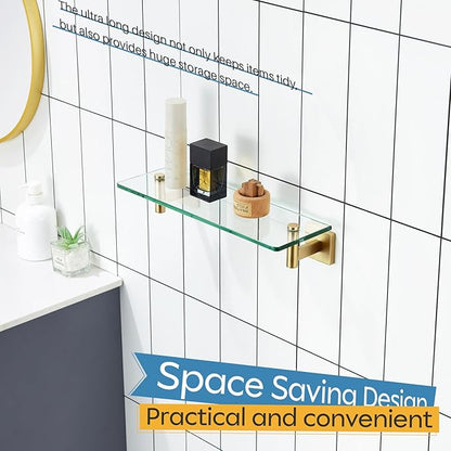 KOKOSIRI Wall Shelves Floating Shelf 16'' Stainless Steel Bathroom Hardware Tempered Glass Small Hanging Rack for Storage/Room Decor Gold B1105BG-L16