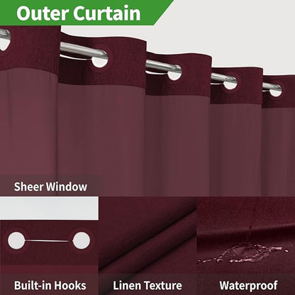 Extra Long No Hooks Needed Linen Textured Shower Curtain with Snap-in Fabric Liner Set,White Hotel Luxury Decor Shower Curtains for Bathroom,Waterproof & Washable,71Wx86H,Burgundy