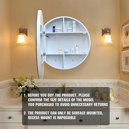 20inch Round Medicine Cabinet with Lights,Led Medicine Cabinet with Defogger,Illuminated Mirror Cabinet for Bathroom,Dimmable,Anti-Fog,3 Colors,Surface Mount Only,White