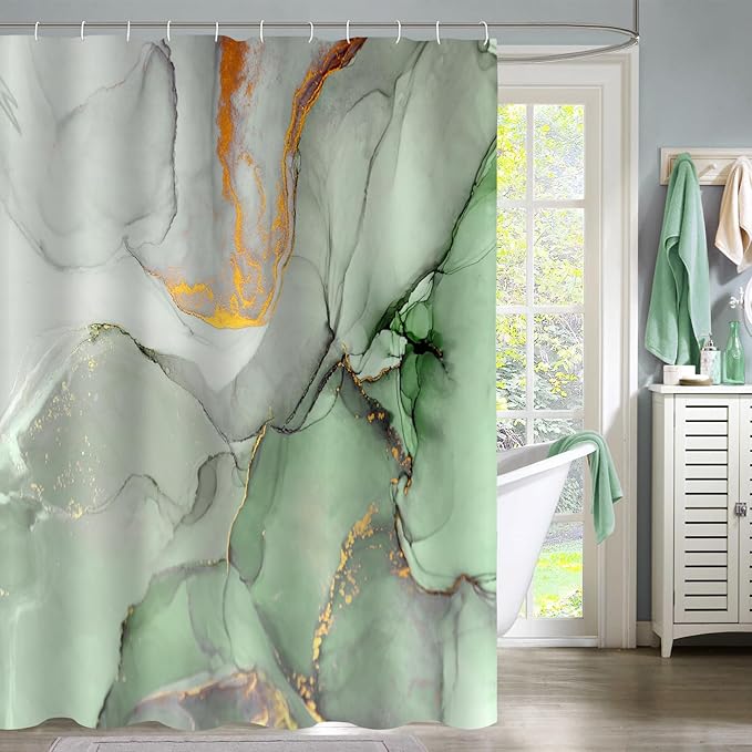 Gibelle Abstract Marble Shower Curtain, Sage Green Jade Texture Gold Stripes Ombre Watercolor Paint, Modern Ink Art Decor Waterproof Fabric Curtain for Bathroom Set, 71x71