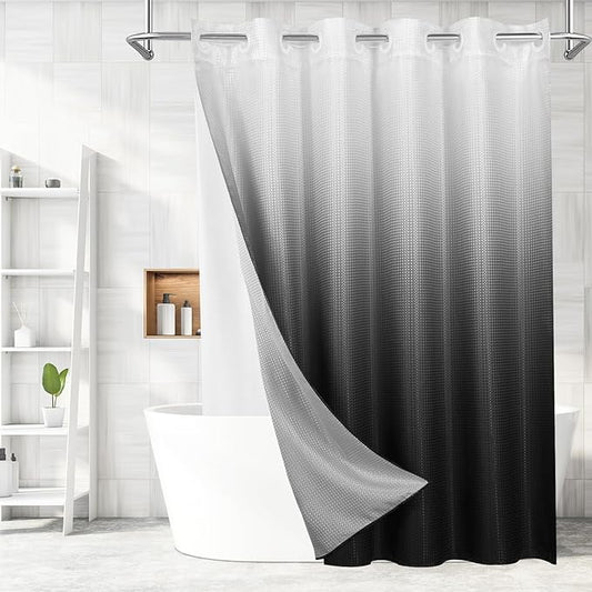 MitoVilla No Hooks Needed Extra Long Shower Curtain Liner Set, 86 inch XL Black Ombre Heavyweight Waffle Fabric Cloth Shower Curtains Set with Snap-in Liner for Modern Luxury Hotel Bathroom Decor
