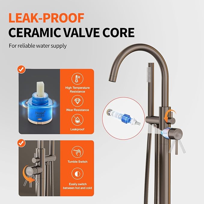 Freestanding Bathtub FaucetFloor Mount Bathtub Filler Shower Mixer Faucet with Handheld Shower Sprayer Swivel, Side Inlet，Grey