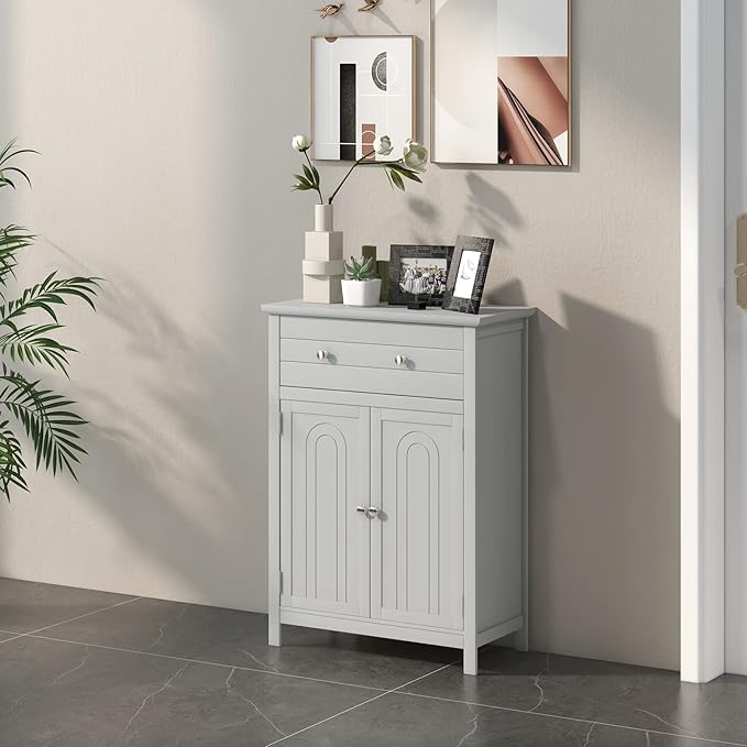 LOKO Bathroom Floor Cabinet, Kitchen Storage Cabinet with 1 Drawer, 2 Doors & 3-Position Adjustable Shelf, 2-Door Floor Storage Cabinet for Bathroom, Living Room, Entryway (Grey)