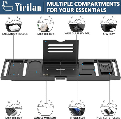 Yirilan Bathtub Tray, Expandable Bath Tray for Tub for Books, Tablets & Wine Glasses for Home Spa, Bathroom Accessories & Gifts