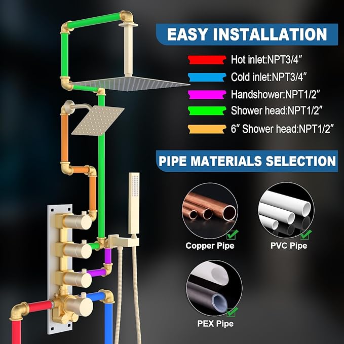 Enga Thermostatic Dual Head Shower System, Shower Faucet Set with 16"+6" Rain Shower Heads & Handheld, All Functions Use Simultaneously, Adjustable Volume, Brushed Gold