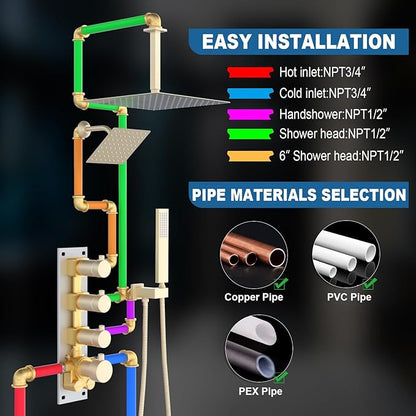 Enga Thermostatic Dual Head Shower System, Shower Faucet Set with 16"+6" Rain Shower Heads & Handheld, All Functions Use Simultaneously, Adjustable Volume, Brushed Gold