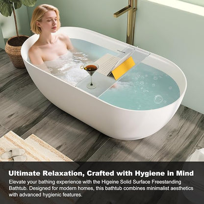 59" Premium Solid Surface Freestanding Bathtub With Acrylic Shelf, Modern Soaking Deep Stone Resin Tub with Overflow and Pop-up Drain, Matte White