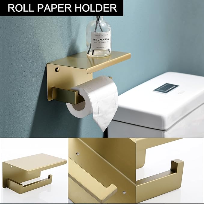 TNOMS 5-Piece Bathroom Hardware Set 23.6 Inch Gold Towel Bar Set Towel Bar Towel Ring Coat Hook and Toilet Paper Holder with Shelf Wall Mounted Stainless Steel Bathroom Accessories Set