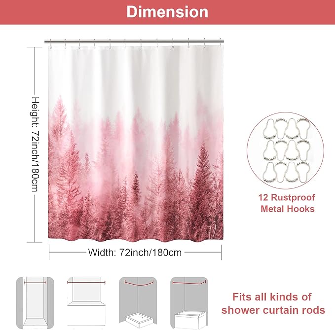ORTIGIA Pink Shower Curtain with Misty Forest Patten for Bathroom, Nature Woodland Shower Curtain Set with Hooks, Weighted Waterproof Pine Tree Fog Magic Bath Curtain, 72x72