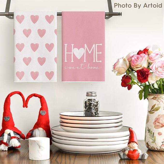 Artoid Mode Pink Heart Love Valentine's Kitchen Towels Dish Towels, 18x26 Inch Farmhouse Anniversary Wedding Decoration Hand Towels Set of 4