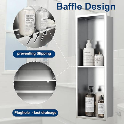 Neodrain Shower Niche Double Shelf Stainless Steel No Tile Needed Bathroom Niches Recessed in Wall, 2-Tier Recessed Wall Niche Waterproof Cubby(8X24 Inch,Brushed)