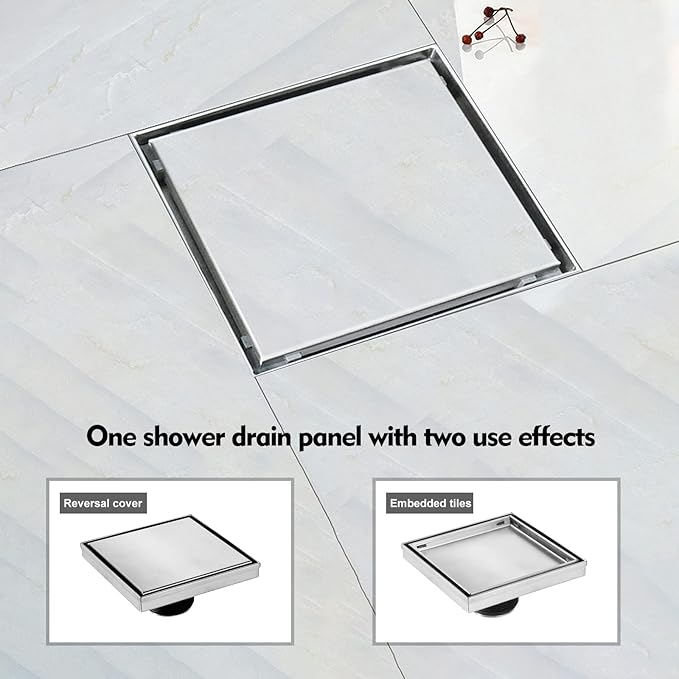 Square Shower Drain, Shower Drain 6 inch with 2 in 1 Tile-Insert Cover, Brushed AISI 304 Stainless Steel Shower Floor Drain with Hair Catcher