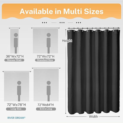 River Dream 3 in 1 Shower Curtain Set, Waffle Fabric Shower Curtain and Waterproof Clear Liner Set with Double Sided Metal Hooks, Black, 72" W*78" H