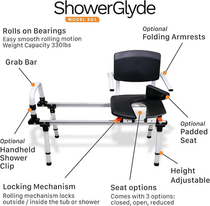 ShowerGlyde SG1 - FSA HSA Eligible - Sliding Shower Chair - Tub Transfer Bench with Grab Bar, Back Support | Premium Mobility Aid for Secure Bathroom Transfers