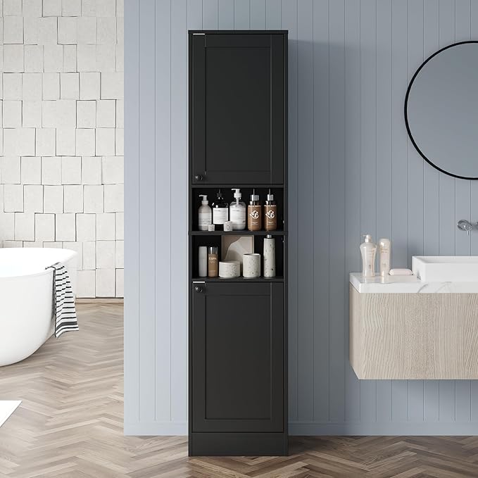 67" Tall Bathroom Cabinet with 2 Doors, Narrow Freestanding Floor Cabinet, Slim Storage Unit with Adjustable Shelves for Bathroom, Living Room, Entryway, Kitchen, Black