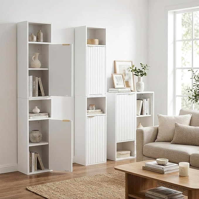 59.1" Tall Slim Bathroom Storage Cabinet White | Freestanding or Wall Mounted Modular Cabinet, Fluted Panel Linen Tower with Adjustable Shelves for Small Spaces