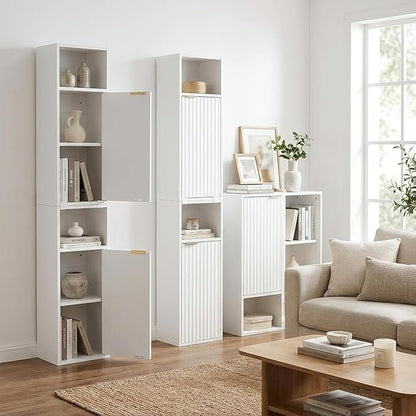 59.1" Tall Slim Bathroom Storage Cabinet White | Freestanding or Wall Mounted Modular Cabinet, Fluted Panel Linen Tower with Adjustable Shelves for Small Spaces