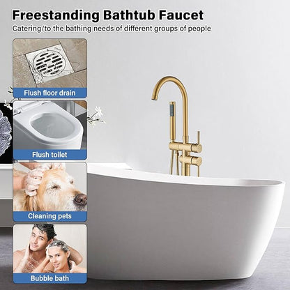 Brushed Gold Freestanding Bathtub Faucet with Hand Shower Tub Filler Faucet Floor Mounted High Flow Single Handle Bath Filler Solid Brass