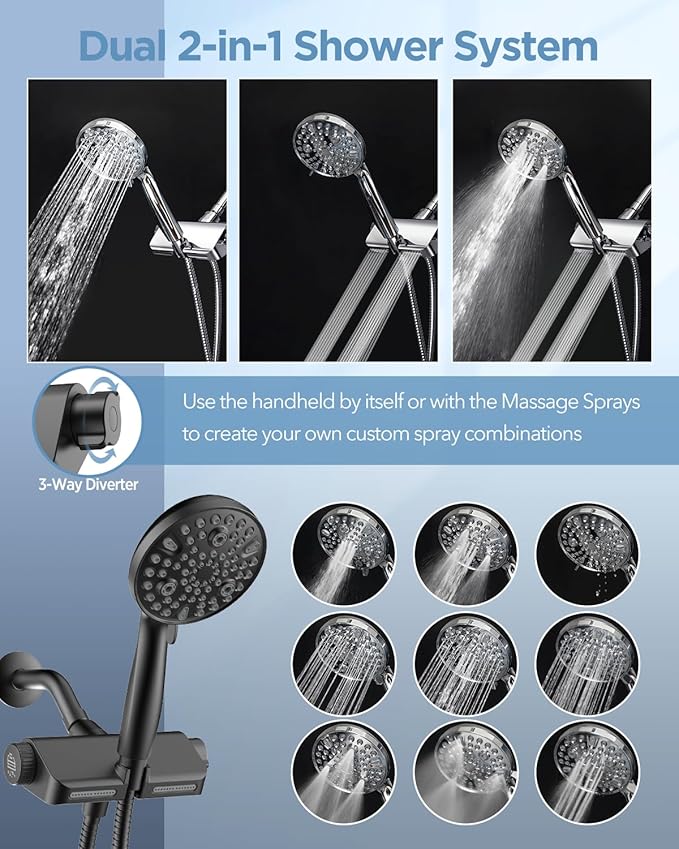 MakeFit Filtered Shower Head with Handheld Combo Matte Black - Dual 2-in-1 Spa System with Massage Shower and 10 Modes Hand Held Shower, High Pressure with Built in Power Wash Mode