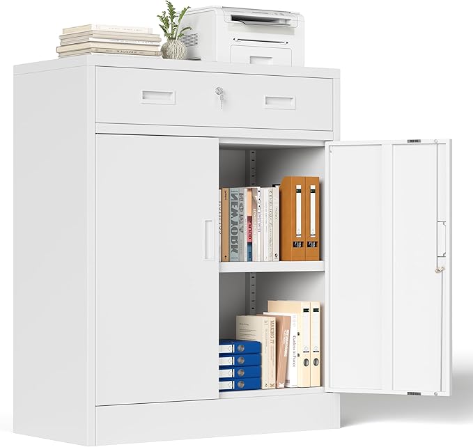 Metal Storage Cabinet with Drawer, 36" H White Locking Metal Cabinet, Adjustable Shelf File Cabinet Cabinet with Doors for Home Office, Garage, Warehouse, Laundry Room, Basement