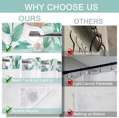No Hook Shower Curtain and Liner Set, Teal Eucalyptus Floral Shower Curtains for Bathroom, Bath Curtain Sets with Snap in Liner, Waterproof with See Through Top Window, 71x77 Inches