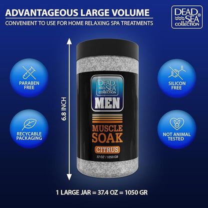 Dead Sea Collection Bath Salts for Men with Citrus Oil - Muscle Recovery Bath Soak – Mens Pure Dead Sea Salt for Soothing and Relaxing – 37 Oz
