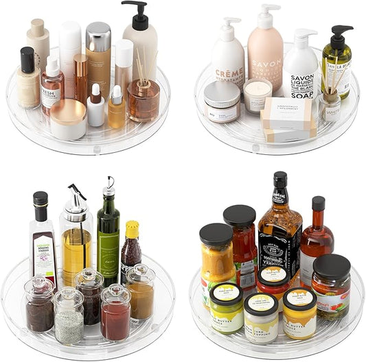 4 Pack Clear Lazy Susan Organizer, 11in Rotating Turntable Organizer, Cabinet Turntable Organizer, Rotating Lazy Susan for Kitchen, Fridge, Bathroom, Vanity Countertop