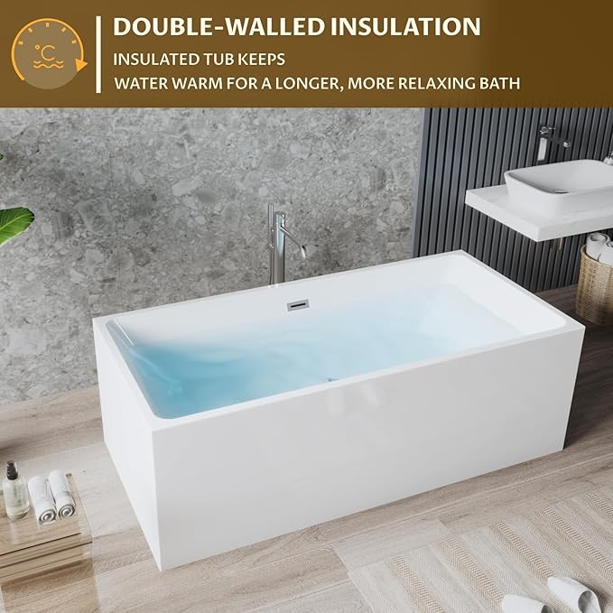 59" Acrylic Freestanding Bathtub - Modern Rectangular Soaking Tub, Glossy White Finish, Chrome Linear Overflow & Drain Kit, CUPC Certified