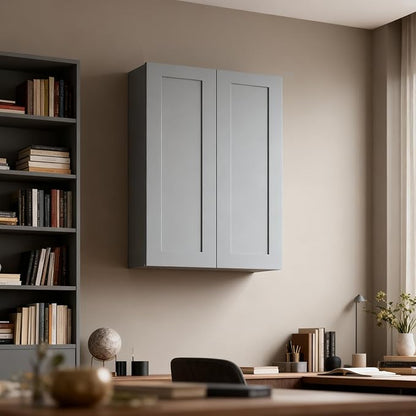 27 Inch Medicine Cabinet Wall Mounted, Solid Wood Over The Toilet Storage Cabinet, Bathroom Organizer Cabinets with 2 Door & 3 Shelves, Easy to Assemble for Laundry Room, Kitchen, Garage - Dark Gray