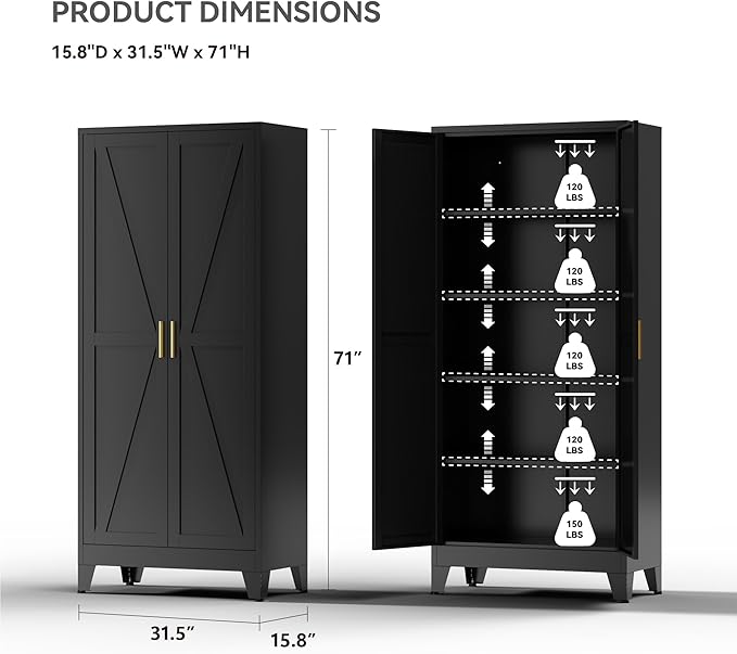 71" Metal Storage Cabinet - 5-Tier Heavy-Duty Pantry Cabinet with Adjustable Shelves & Barn Doors for Kitchen Garage, Black