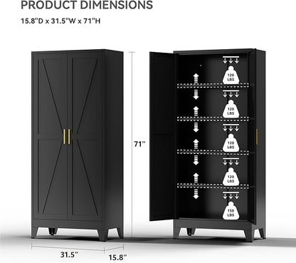 71" Metal Storage Cabinet - 5-Tier Heavy-Duty Pantry Cabinet with Adjustable Shelves & Barn Doors for Kitchen Garage, Black