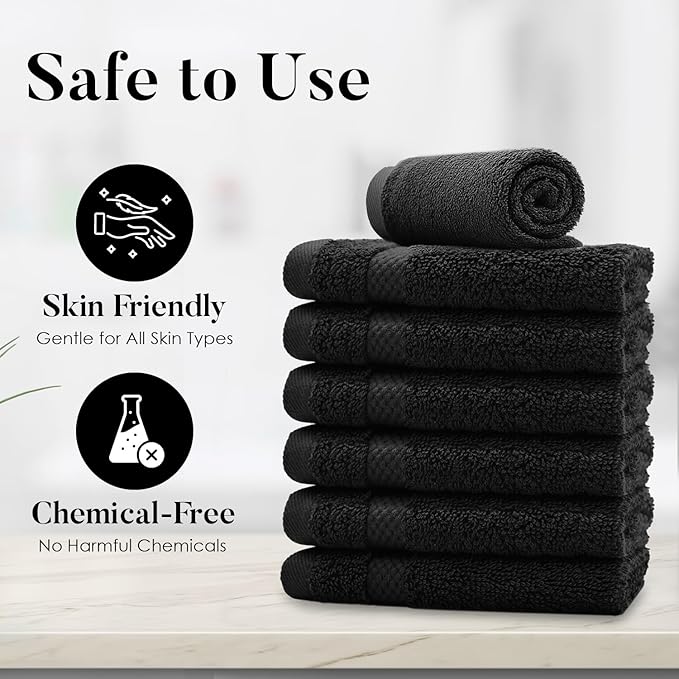 DAN RIVER 12-Pack Premium 100% Cotton Black Face Towels – Reusable Face Towel Set, Soft & Absorbent Rough Wash Cloths for Bathroom & Body – Hand and Face Towels, 550 GSM (12x12 in)