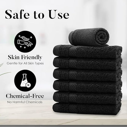 DAN RIVER 12-Pack Premium 100% Cotton Black Face Towels – Reusable Face Towel Set, Soft & Absorbent Rough Wash Cloths for Bathroom & Body – Hand and Face Towels, 550 GSM (12x12 in)