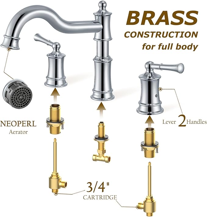 Roman Bathtub Faucet Deck Mount Tub Faucet for Bathroom Widespread Elegant Classic Spout with 3 Holes 2 Handle Valve Cartridge Included, Chrome