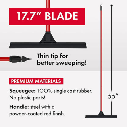 Heavy-Duty Floor Squeegee - Large 18" Wide Blade & 55" Long Handle Professional Grade Concrete, Garage & Commercial Rubber Squeegee Broom Floor Cleaner - Wood, Tile, Shower, Glass, Deck, Window
