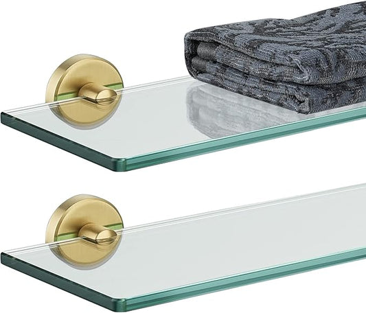 JQK Bathroom Glass Shelf Gold, Tempered Glass Shower Storage 12 by 5 inches, 304 Stainless Steel Brushed Gold Wall Mount 2 Pack, TGS101L12-BG-P2