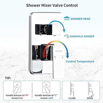 10 Inch Polished Chrome Shower Faucet Set with Rain Shower Head and Handheld Spray, Wall Mounted Rainfall Shower Head with Handheld Combo, Bathroom luxury Shower System with Valve and Trim