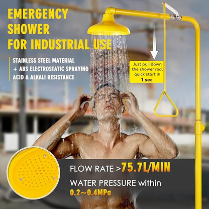 CGOLDENWALL Emergency Shower Eye Wash Station Safty Shower Combination Eye Wash Station with Shower, NPT Thread, with Emergency Sign, 304 Stainless Steel+Yellow Coating