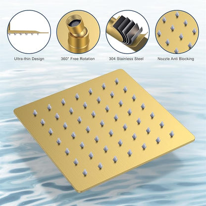 Shower Faucet Set, Wall Mounted Rainfall Shower System 12"+ 6" Dual Shower Head Sets with 2 in 1 Handheld Spray with Rough-in Valve and Shower Trim Kit, Brushed Gold