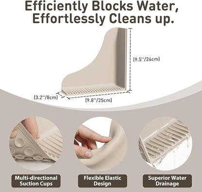 Roslim No-Adhesive 2-Pack All-Silicone Shower Splash Guard with Strong Suction Cups, Reusable Bath Tub Corner Water Blocker for Secure Seal，Keep Water in Shower or Bath, One-Piece Design, Taupe