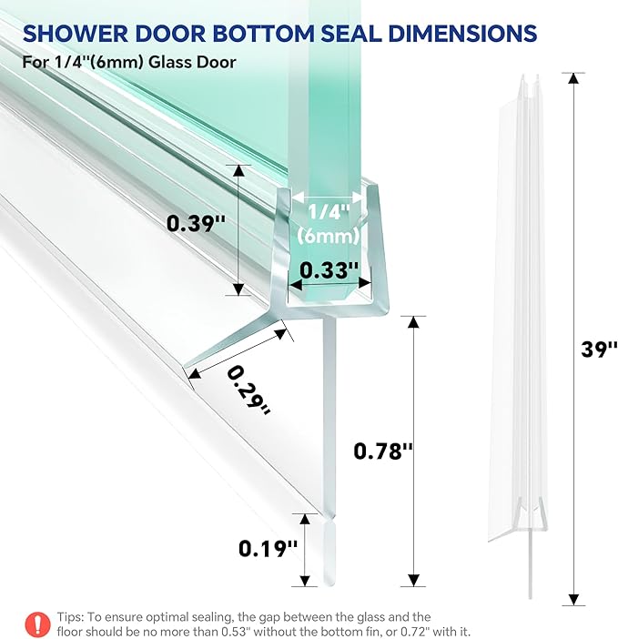 2-Pack Frameless Shower Door Bottom Seal (1/4" X 39") Clear Glass Seal Strip Shower Door Sweep - Stop Shower Leaks