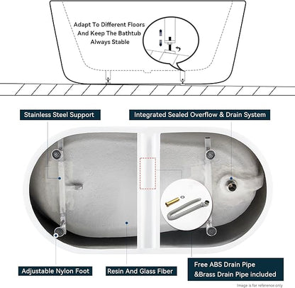 FerdY Lana'i 60" Freestanding Bathtub, Gracefully Shaped Freestanding Soaking tub, Glossy White, cUPC Certified, Polised Chrome Drain Assembly Included