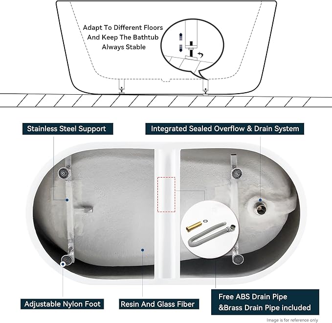 FerdY Lana'i 60" Freestanding Bathtub, Gracefully Shaped Freestanding Soaking tub, Glossy White, cUPC Certified, Polised White Drain Assembly Included