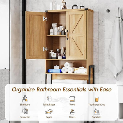 Over The Toilet Storage Cabinet with 2-Door Design Bathroom Organizers and Storage with Anti-Tip Device Over Toilet Organizer with Shelves for Bathroom,Restroom,Laundry Natural