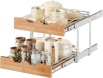OCG Pull Out Cabinet Organizer 17" W x 21" D, 2 Tier Slide Out Shelf, Heavy-Duty Pull Out Drawer for Cabinets, Base Cabinet Organization for Kitchen, Pantry, Bathroom