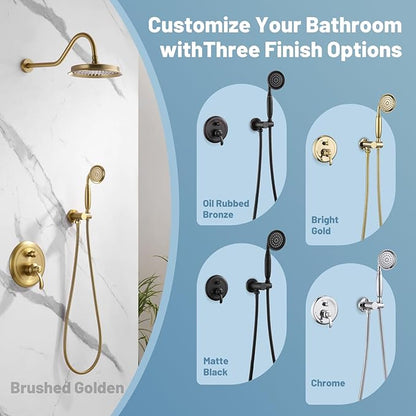 Antique Shower Head Faucet Set,Brushed-Gold Vintage Wall Mount Shower Faucets Combo With Handheld Spray,Bathroom Rainfall Shower System Trim Kit With Brass Pressure Balance Valve & 9''Shower Head