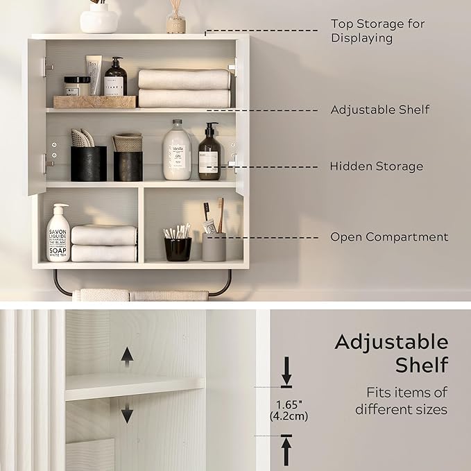 Bathroom Wall Cabinet, Fluted Wooden Medicine Cabinet Storage with 2 Doors, Adjustable Shelf and Towels Bar, Modern Wall Mount Large Floating Cabinet for Kitchen Laundry Room White