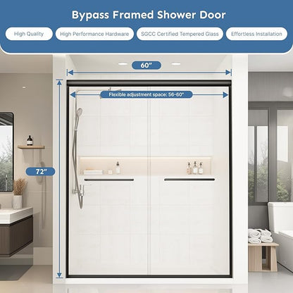 60" x 72" Frameless Sliding Shower Door, 6mm (1/4") Tempered Glass, Heavy-Duty 304 Stainless Steel Rollers & Handle, Adjustable 56-60" Width, No-Leak F-Type + Bubble Seals